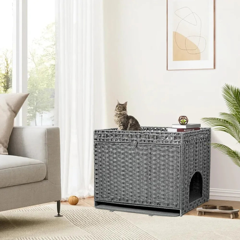 Hidden Litter Box Furniture For Large Cats Handwoven Rattan Pet House With Door Modern Grey By Doveaid