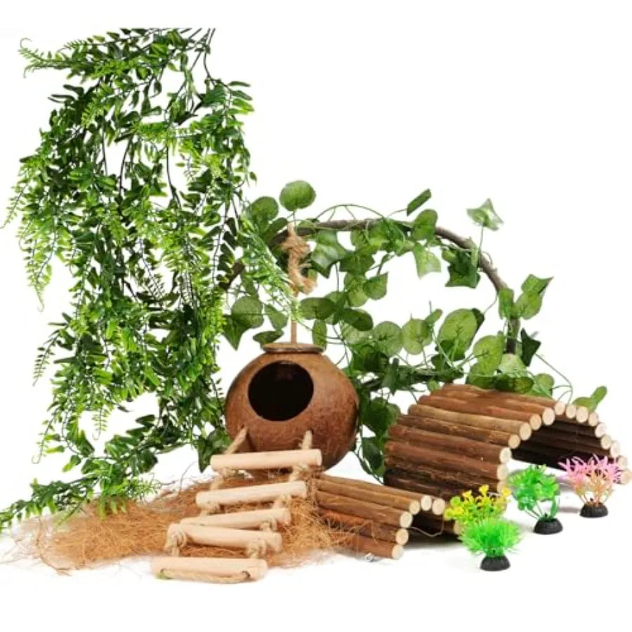 Ten Pcs Crested Gecko Tank Accessories Reptile Plants Bridge Vines Ladder Cage