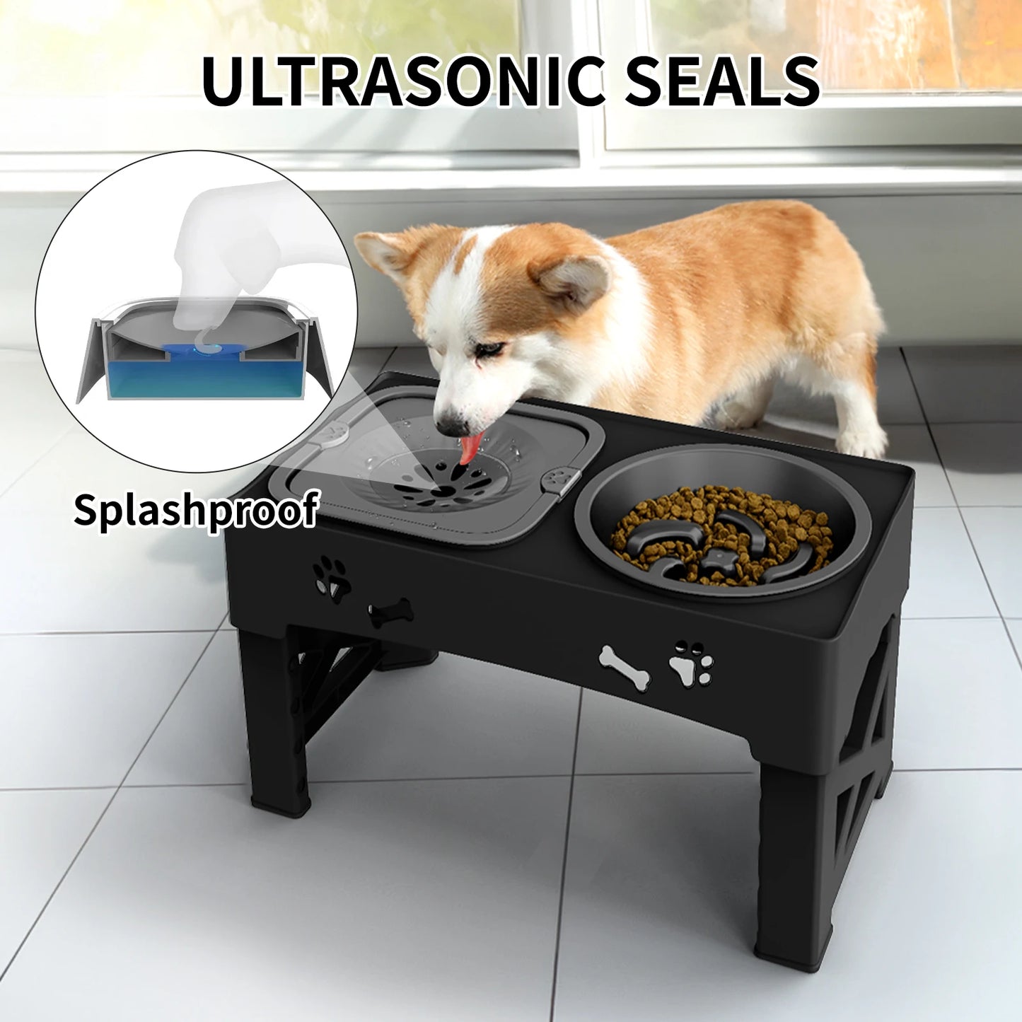 3 In 1 Pet Feeder Slow Feed Bowls Double Bowls Foldable With 5 Adjustable Heights For Pets Of Different Sizes