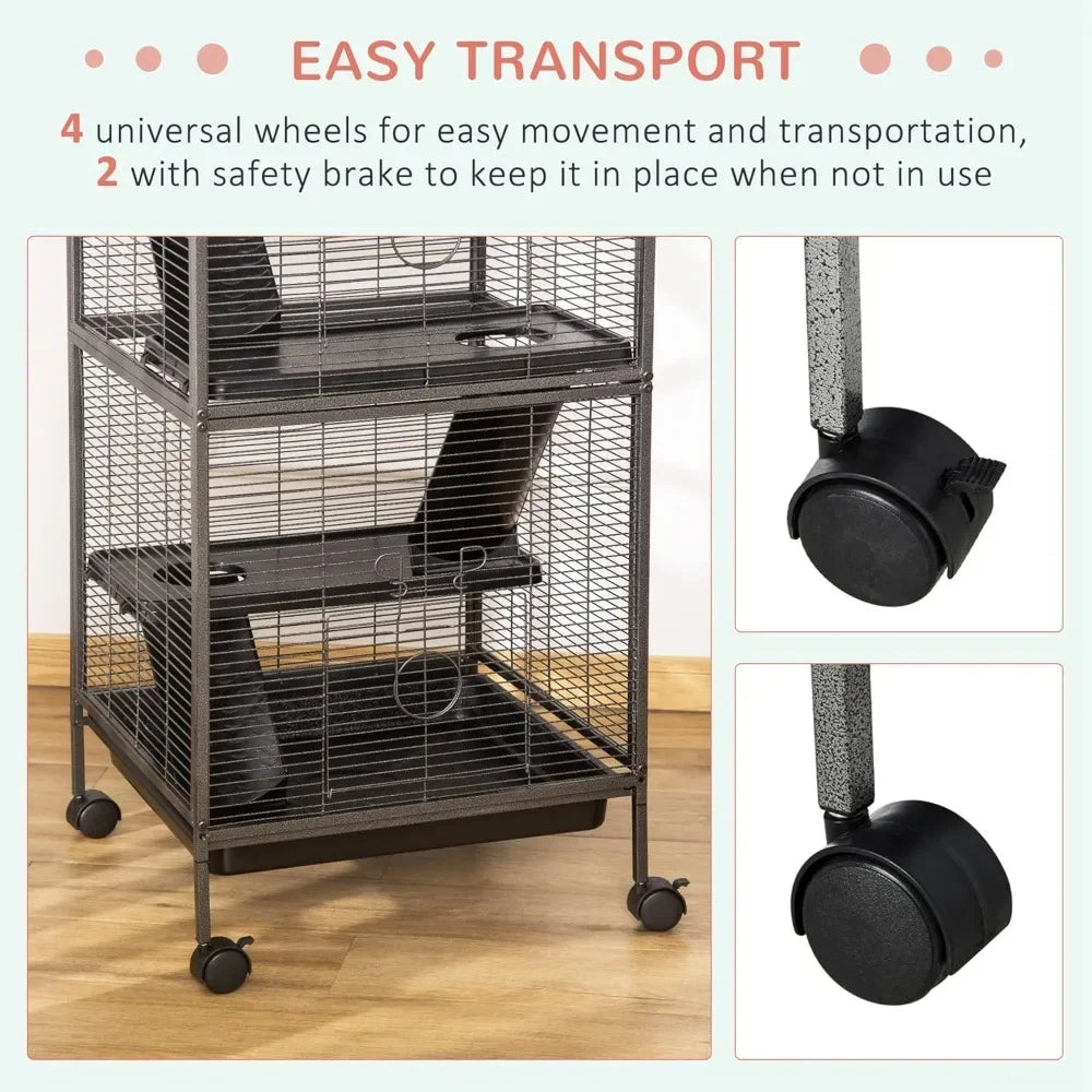 Metal Small Animal Cage Rolling Big For Ferret Chinchilla Sugar Glider With Hammock And 4 Tiers Removable Tray
