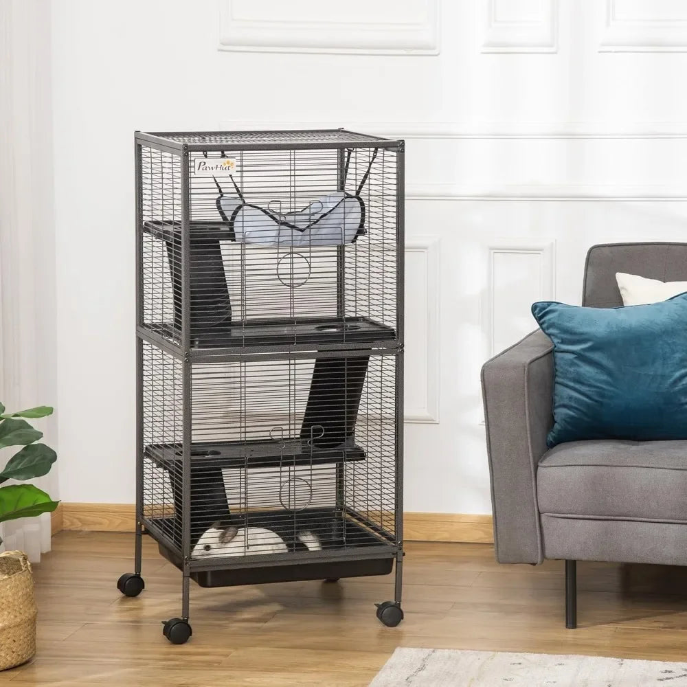 Metal Small Animal Cage Rolling Big For Ferret Chinchilla Sugar Glider With Hammock And 4 Tiers Removable Tray