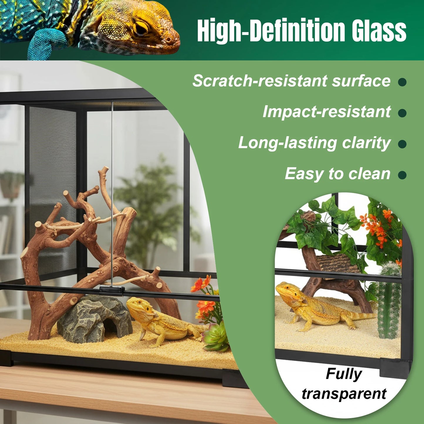 Glass Terrarium Front Reptile Tank With Top Screen Ventilation Escape Proof Lid