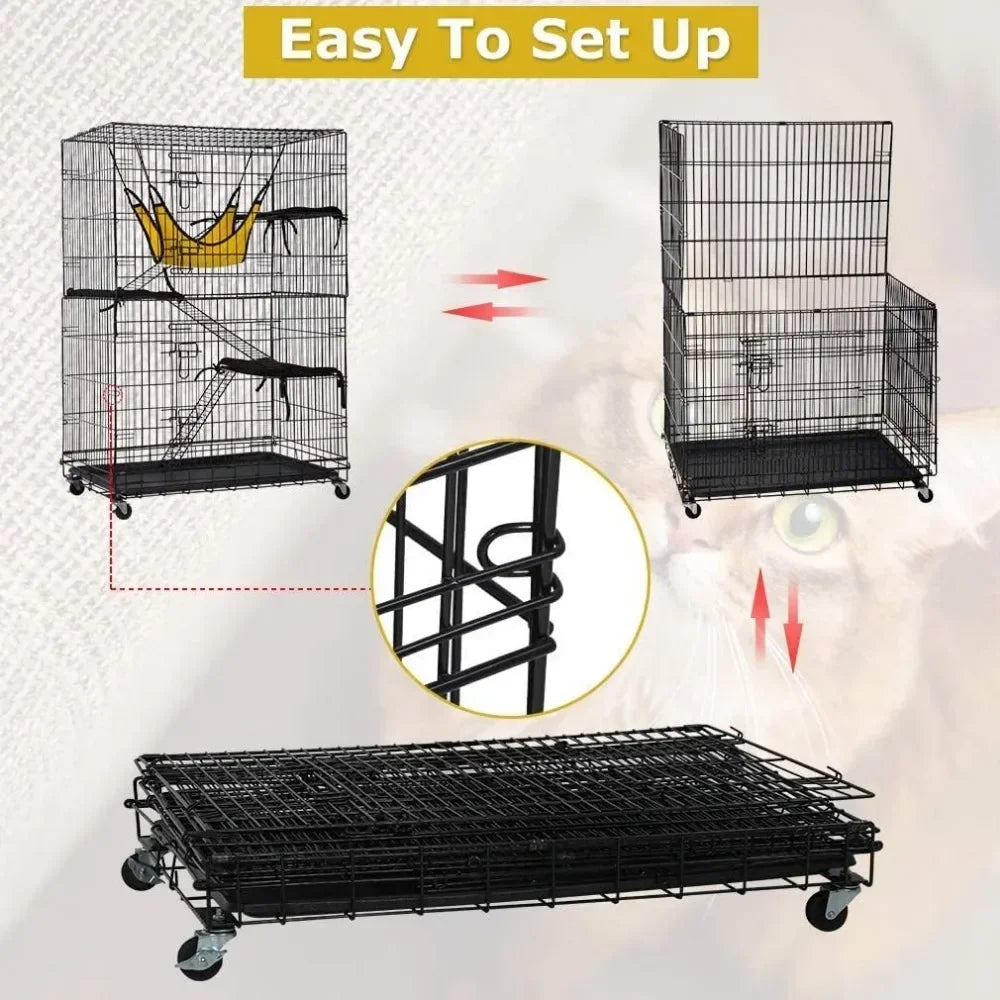 4 Tier 48 Inches Cat Cage Crate Kennel Playpen with Free Hammock 3 Cat Beds 2 Front Doors and 3 Ramp Ladders