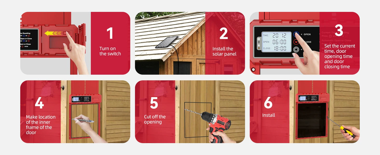 Automatic Chicken Coop Door Solar Powered with XL Large Size 10.8″x 14.2″ Red Auto Chicken Door Design with USB-C Charging