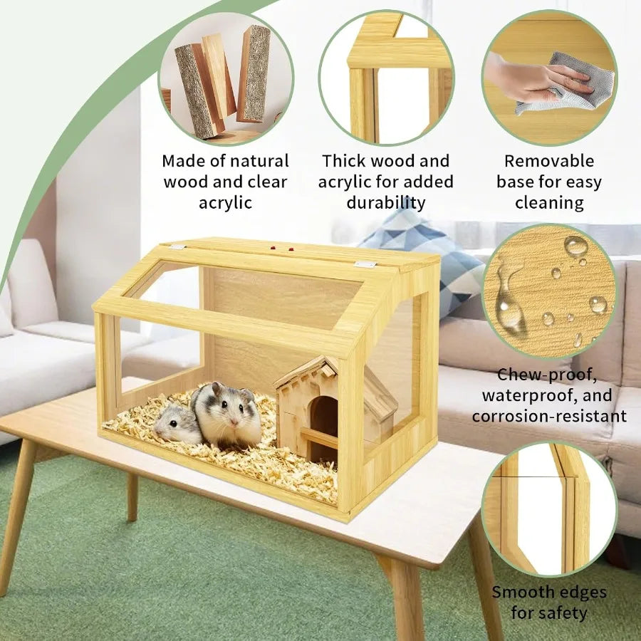 24" Wooden Hamster Cage Chewproof Gerbil Cages and Habitats Openable Top Roof Window with Silencing Pad Guinea Pig Cage for Sma
