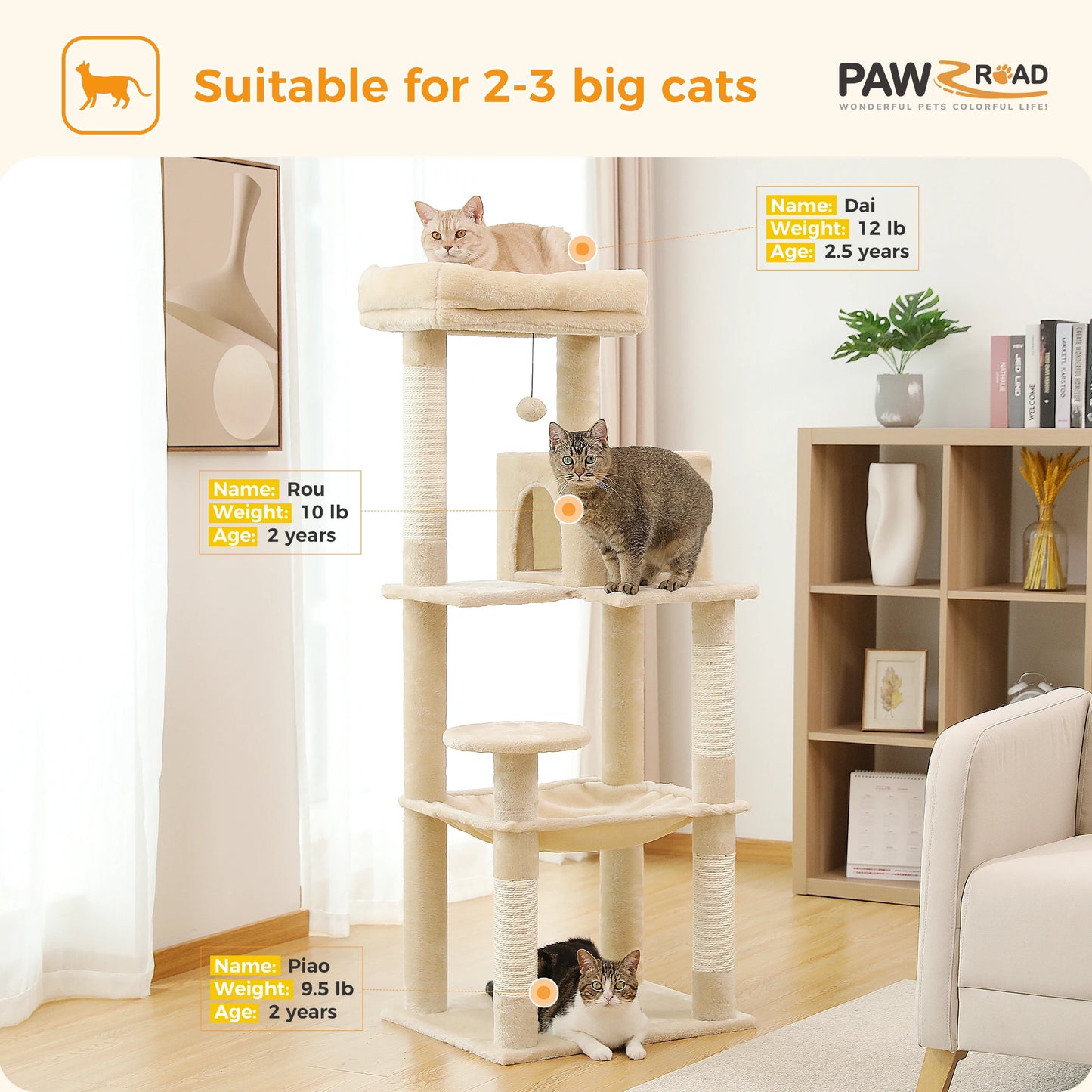 Cat Tree for Indoor Cats 5 Level Cat Tower with Large Hammock Sisal Covered Scratching Posts Cozy Condo Top Perch