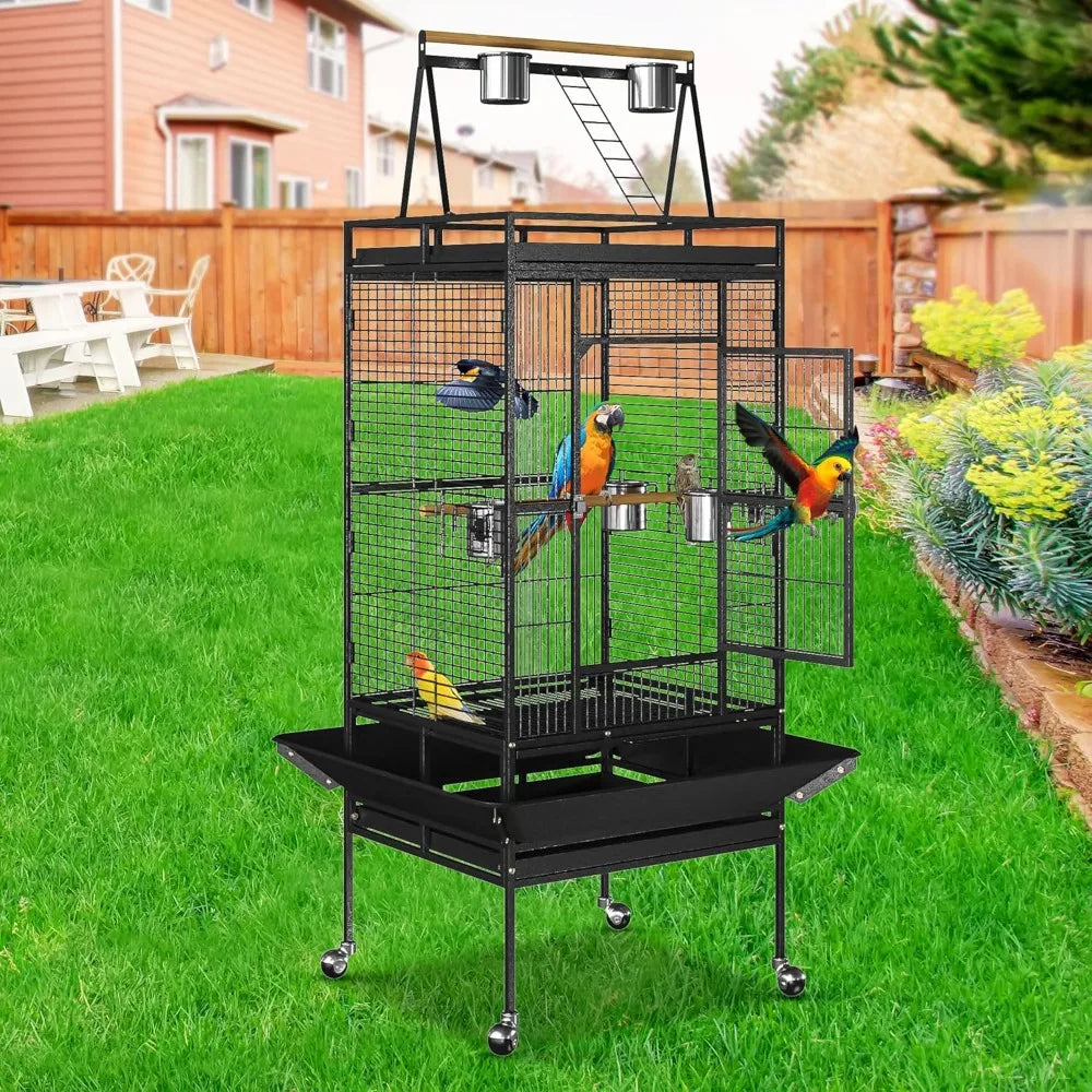 Wrought Iron Standing Bird Cage 68 Inch Tall Play Top for African Grey Parrot
