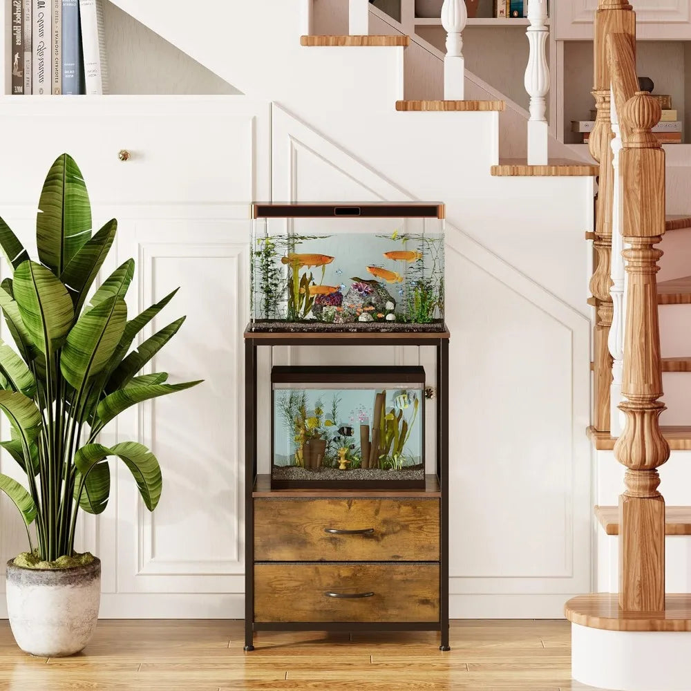 10 Gallon Aquarium Stand With 2 Tier Shelf And 2 Drawers Heavy Duty Metal Frame