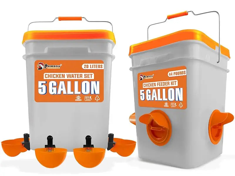5-Gallon/44 Pounds Automatic Chicken Feeder & Waterer Set(2 Buckets), Chicken Feeder Port & Water Cup No Waste, Rain Proof