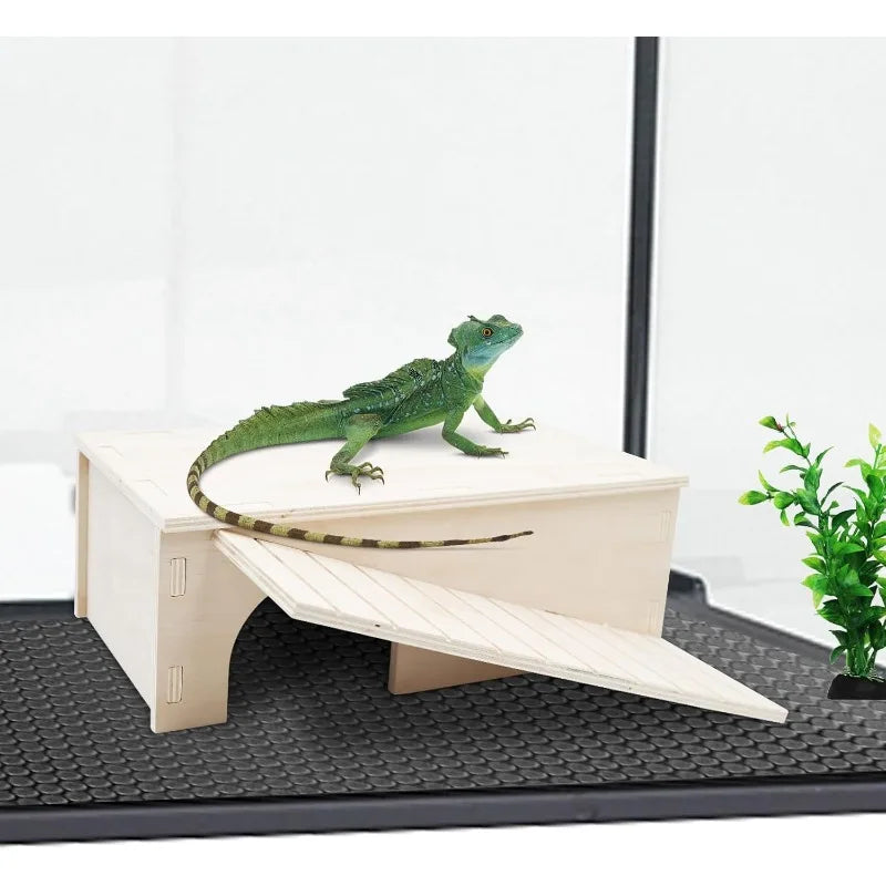 Wooden Lizard Hideout with Climbing Ramp Reptile Habitat with Basking Platform Tank Accessories for Bearded Dragon Lizard Chameleon 12.9 x 11 x 4.7 Inch
