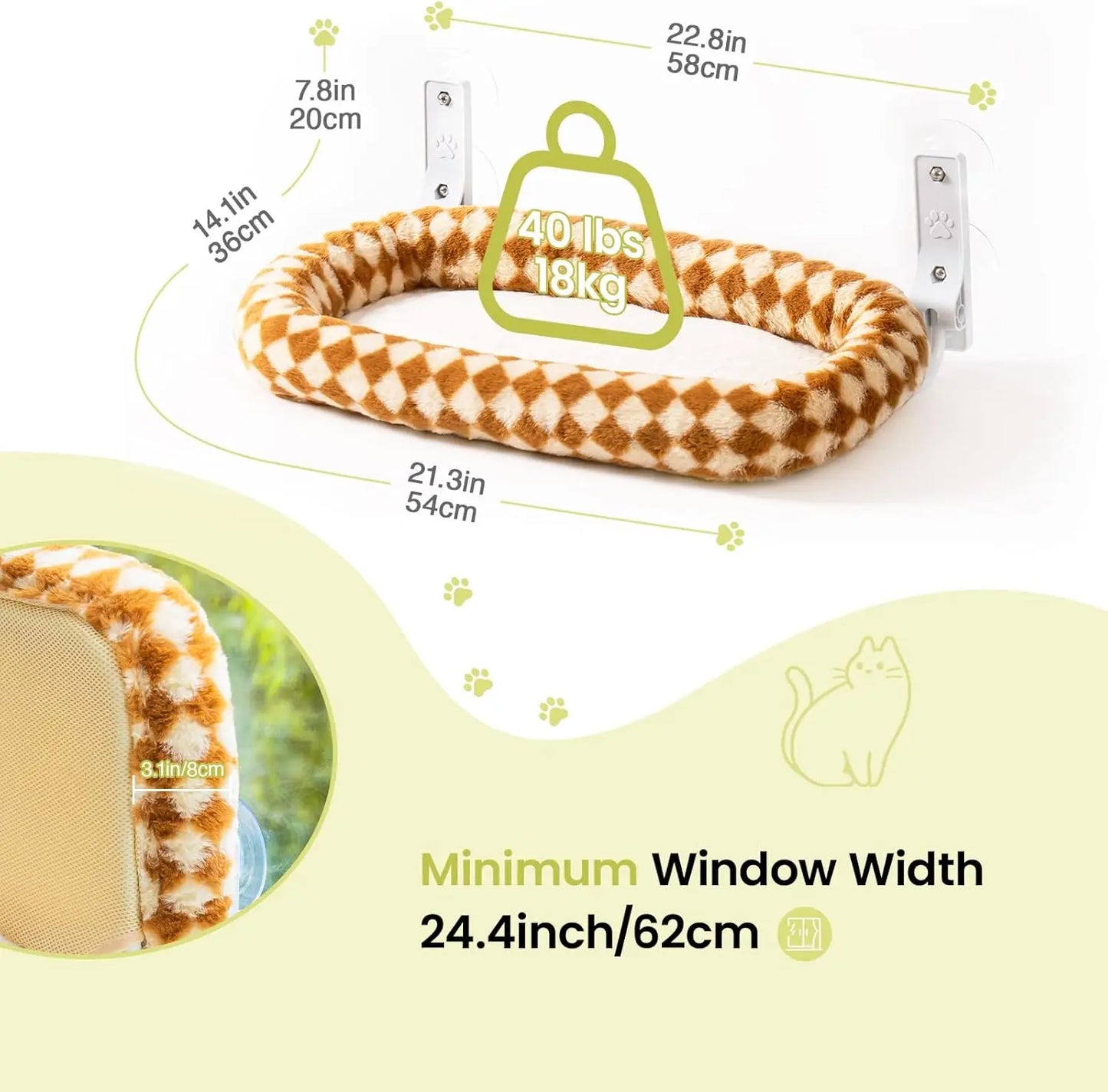 Mewoofun Foldable Cat Window Perch with Strong Suction Cups Cordless Cat Hammock Removable Soft Cover in White Brown and Green