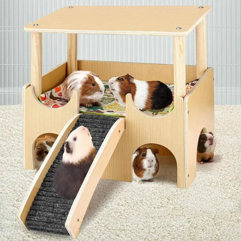 Chinchilla House Double-Layer Wooden Hamster Playground Shelter With Ladder