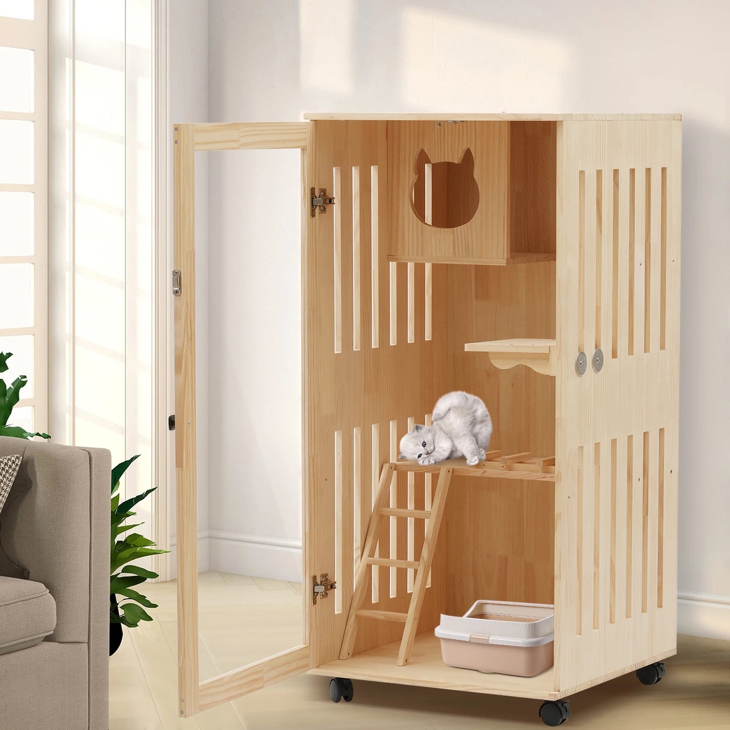 Wooden Cat House with LED Light, Clear Door & Wheels, Easy Install