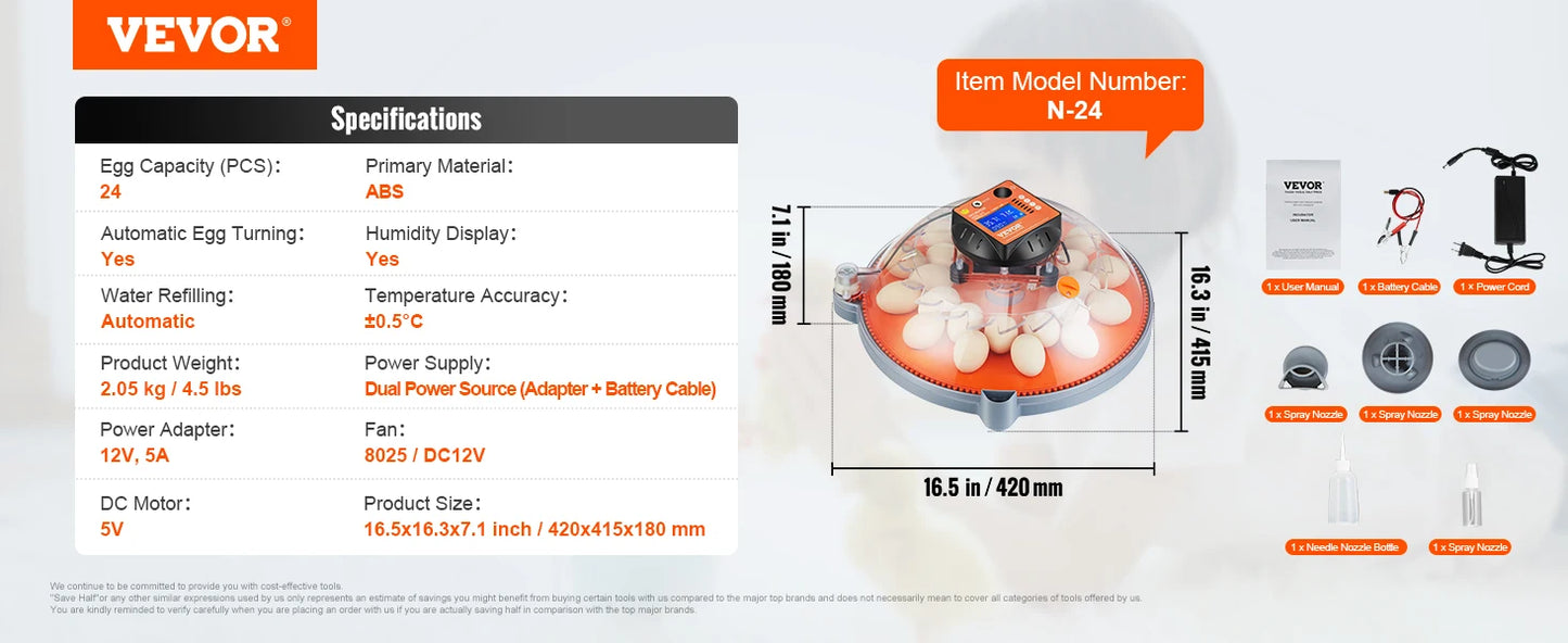 VEVOR Egg Incubator Automatic Egg Turner with Temperature Control