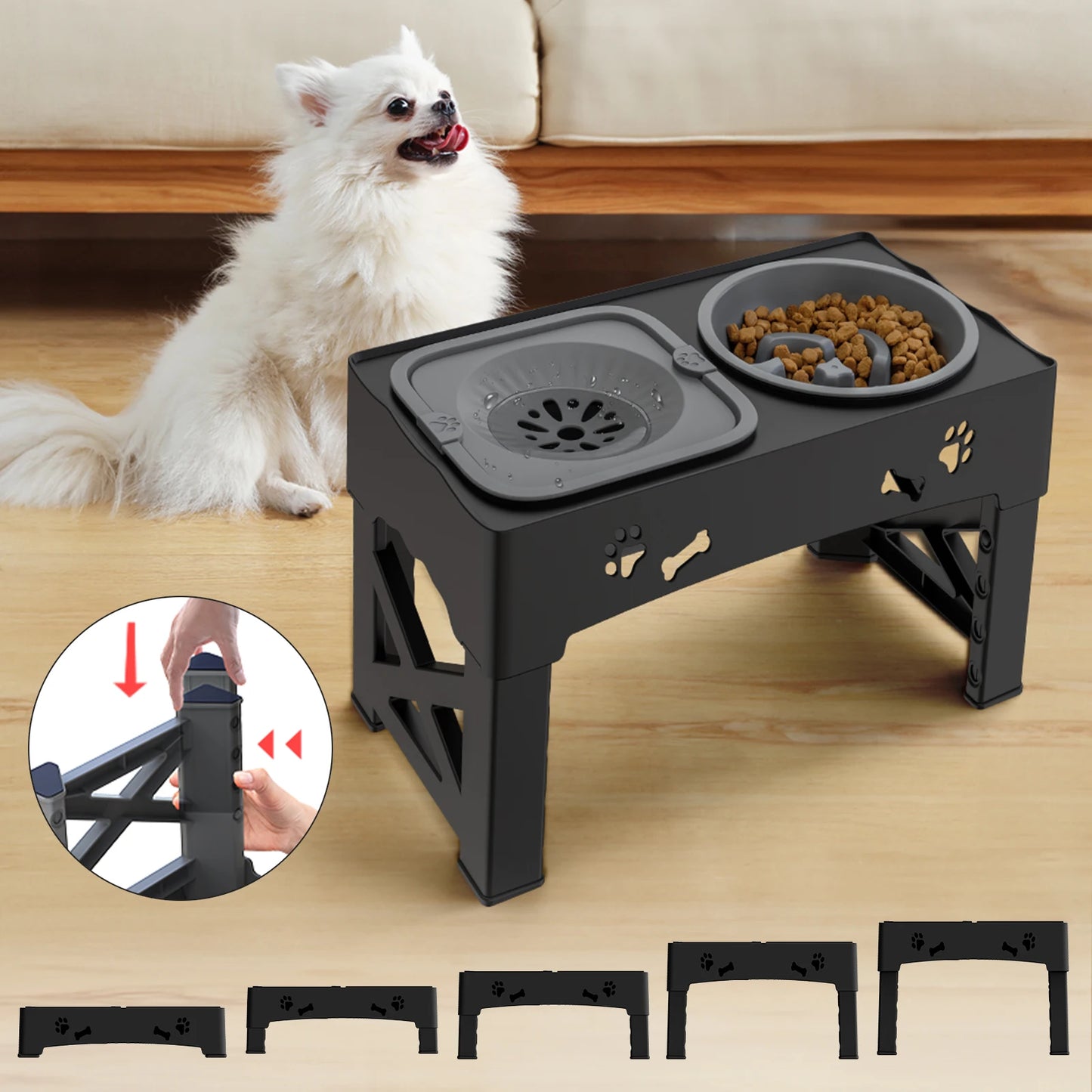3 In 1 Pet Feeder Slow Feed Bowls Double Bowls Foldable With 5 Adjustable Heights For Pets Of Different Sizes