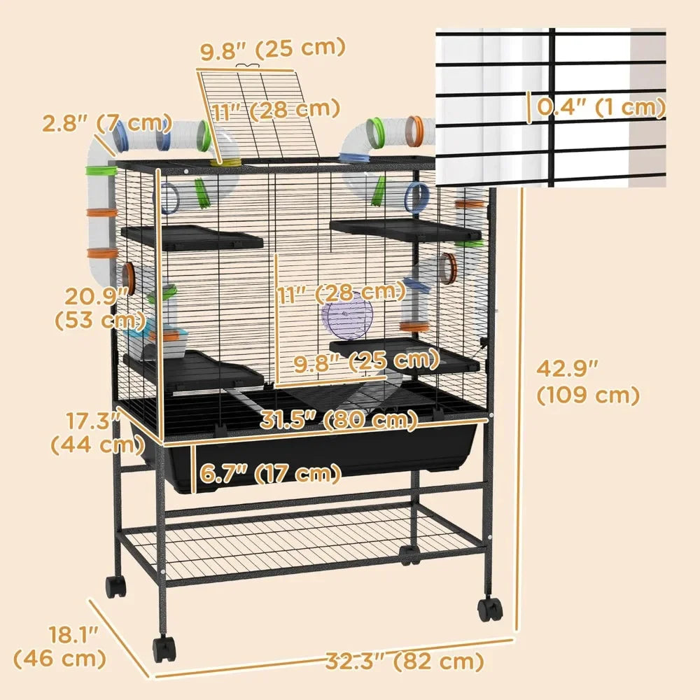 32 Inch Large Hamster Cage with Storage Shelf and Tubes for Syrian Hamster and Gerbils with Running Wheel and Food Dish
