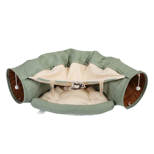 Cat Telescopic Tunnel Cushioned Bed Pet Nest with Teasing Balls Zipper Connection Feline Supplies Bright Green
