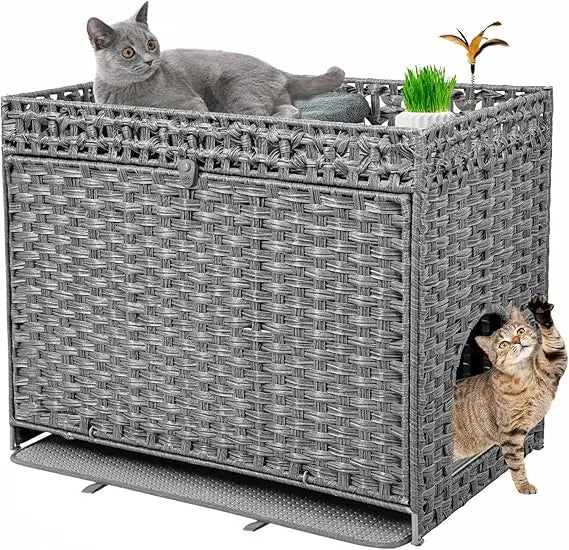 Hidden Litter Box Furniture For Large Cats Handwoven Rattan Pet House With Door Modern Grey By Doveaid