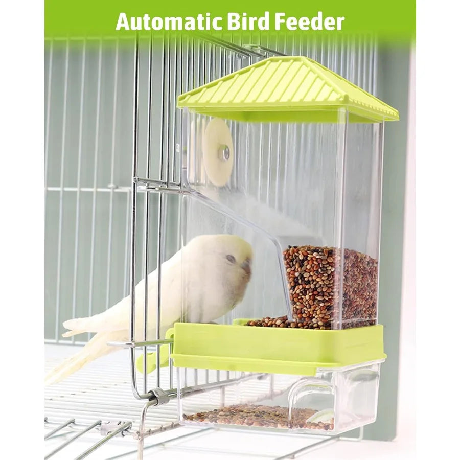 Automatic Bird Feeder No Mess Seed Food Container With Perch Transparent Parrot Cage Accessories For Parakeets