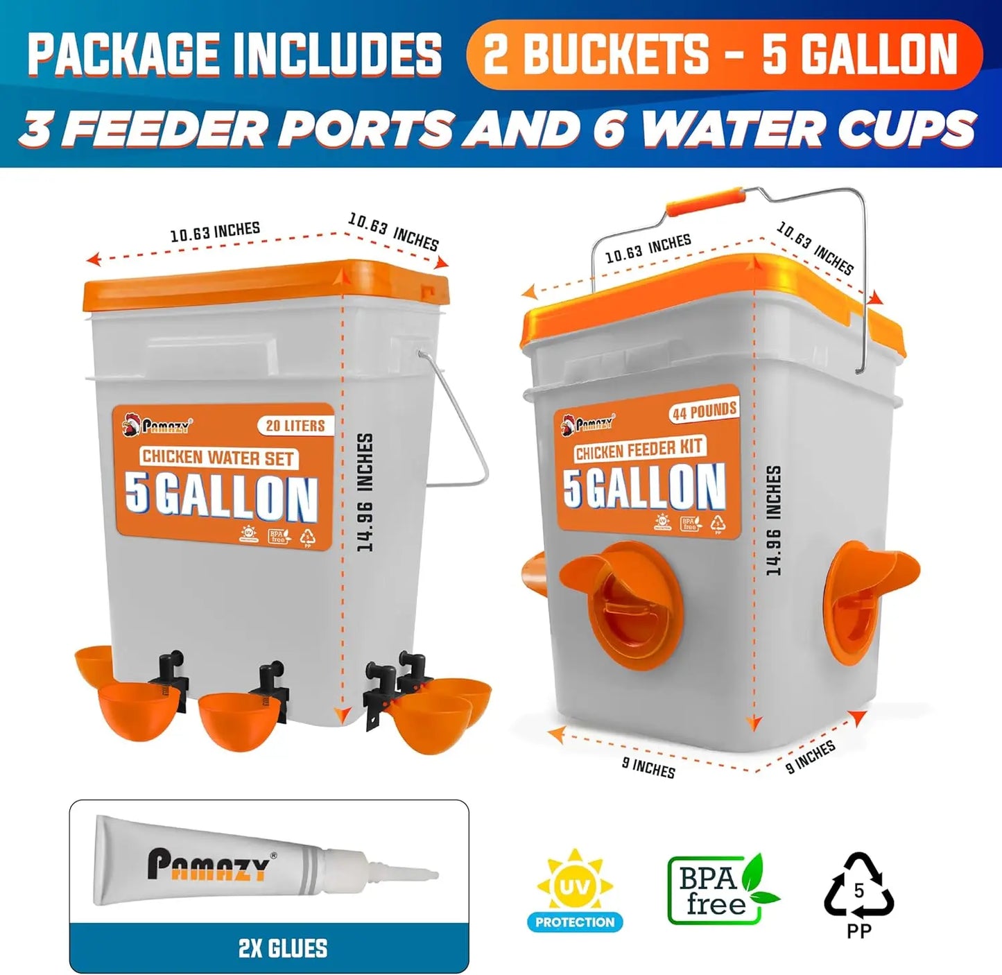 5 Gallon Automatic Chicken Feeder and Waterer Set with No Waste Design Rain Proof Buckets