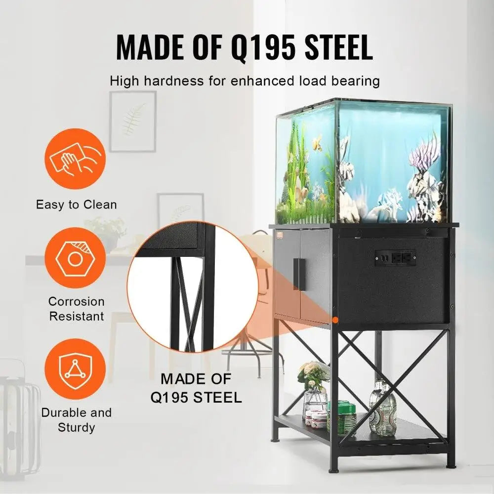 Aquarium Reptile Stand for 29 Gallon Fish Tank with Steel Load Capacity 242.5 Pounds Storage Cabinet and Embedded Power Panel in Black