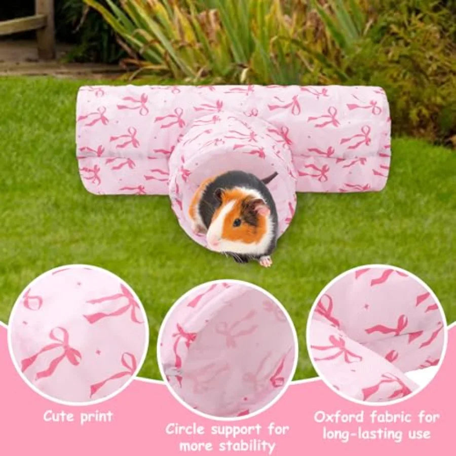 Guinea Pig Tunnel 3 Way Washable Hideout Pink Bow Foldable
