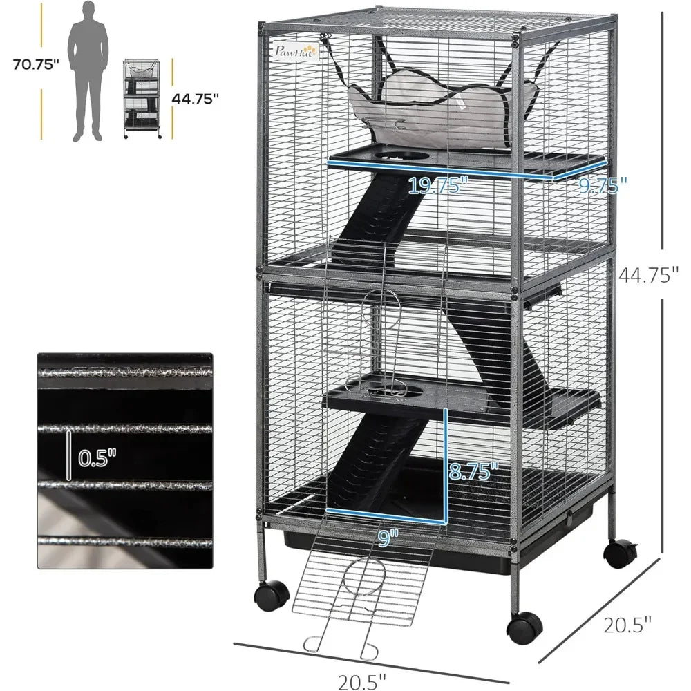 Metal Small Animal Cage Rolling Big For Ferret Chinchilla Sugar Glider With Hammock And 4 Tiers Removable Tray