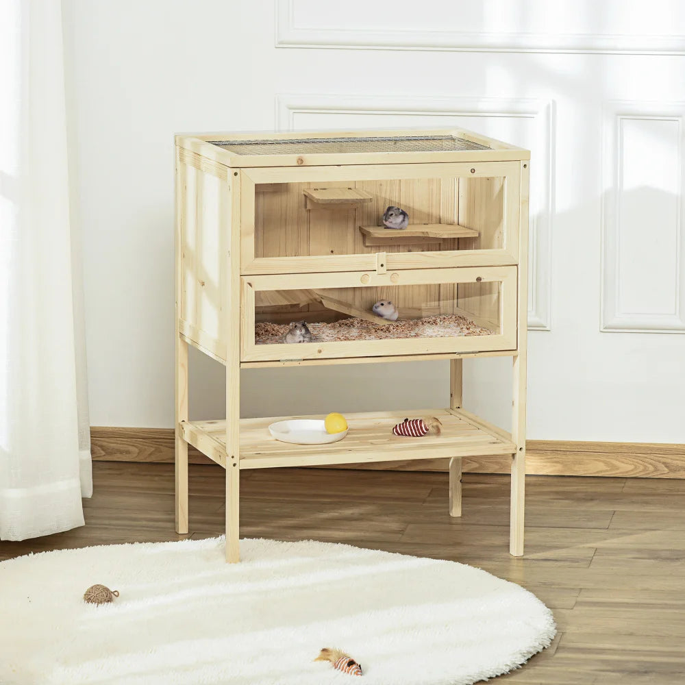 3 Tier Wooden Hamster Cage Small Animal Hutch with Openable Top Front Door and Storage Shelf