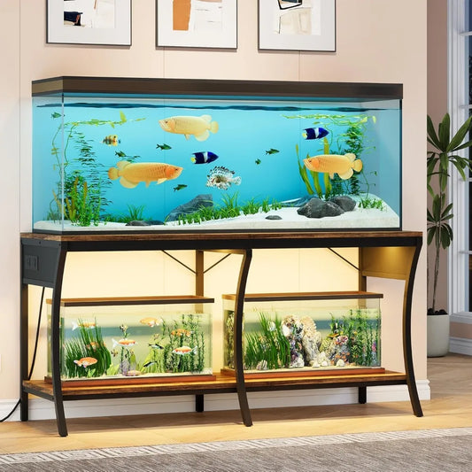 55-90 Gallon Fish Tank Stand 2-Tier Aquarium Stand with LED Light Strip and Power Outlets Metal Frame Reptile Tank Stand