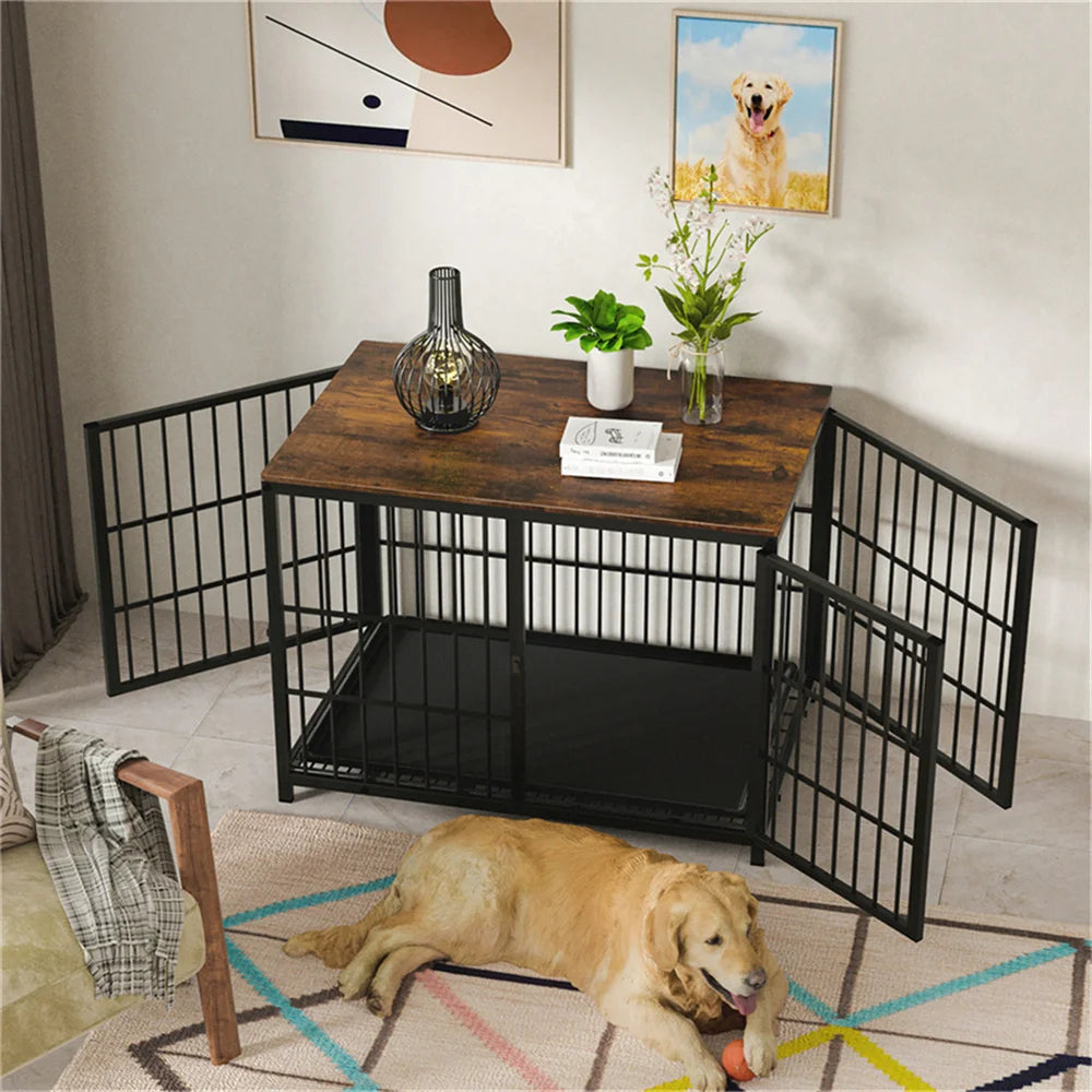 Large Wooden Dog Crate Indoor Furniture Style Elevated Pet Dog Cage Kennel End Table Lattice Playpen with 3 Doors
