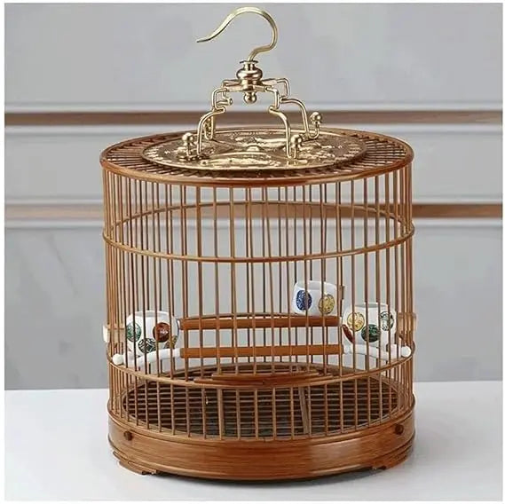Bamboo Bird Cage Flight Cage Portable Retro Round Bird House Carrier With Rolling Stand