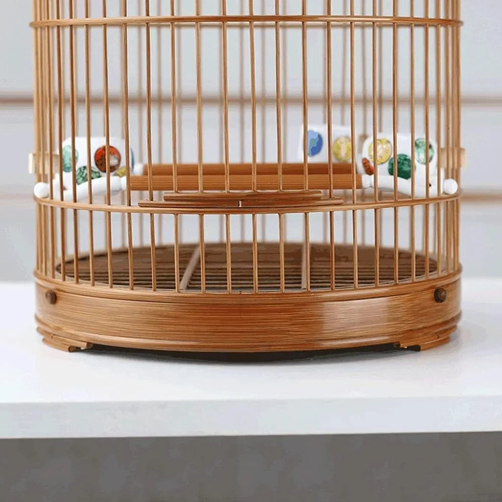 Bamboo Bird Cage Flight Cage Portable Retro Round Bird House Carrier With Rolling Stand