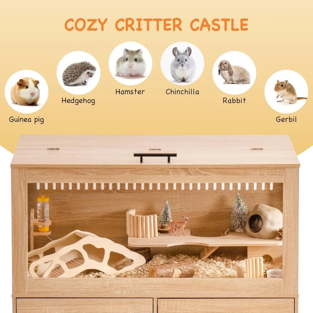 Large Hamster Cage with Storage Cabinet and Drawer Spacious Habitats with View Acrylic Panels Easy Assembly Indoor Use