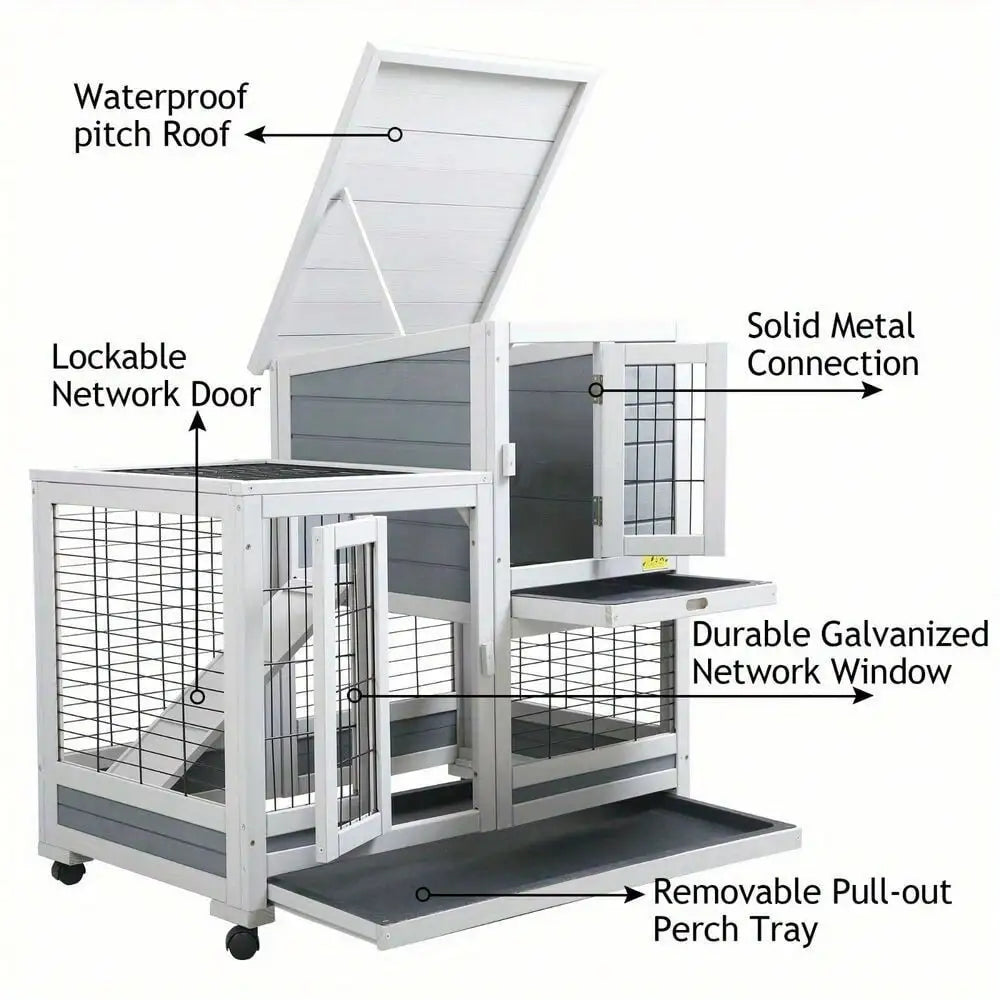 Outdoor Rabbit Hutch Small Animal House Rolling Bunny Cage with Removable Tray Pinewood and Galvanized Wire Mesh