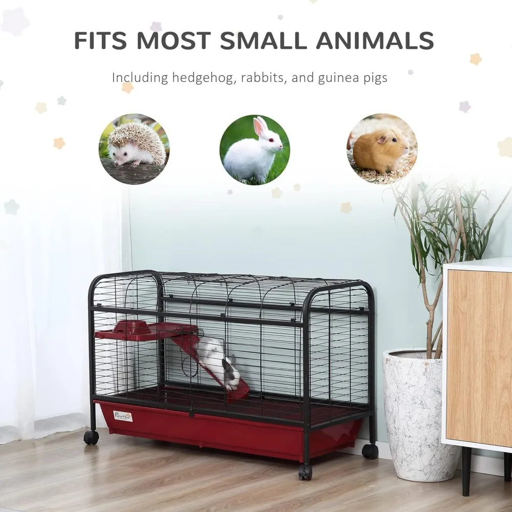41 Inch Small Animal Cage Rabbit Hutch Ferret Pet Play House with Feeder Rolling Wheels Platform and Ramp