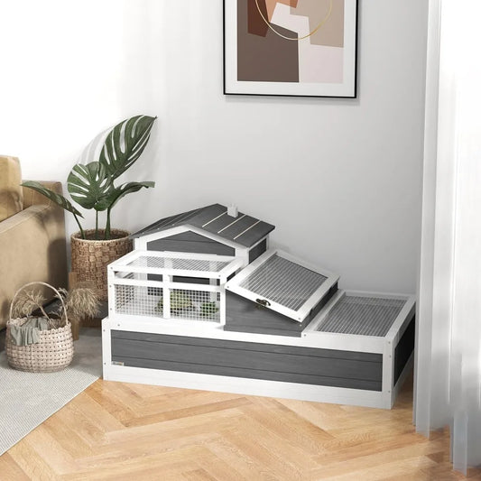 3 Room Tortoise House Habitat with Balcony and 2 Stories Indoor Outdoor Wooden Tortoise Enclosure with Ladder and Tray