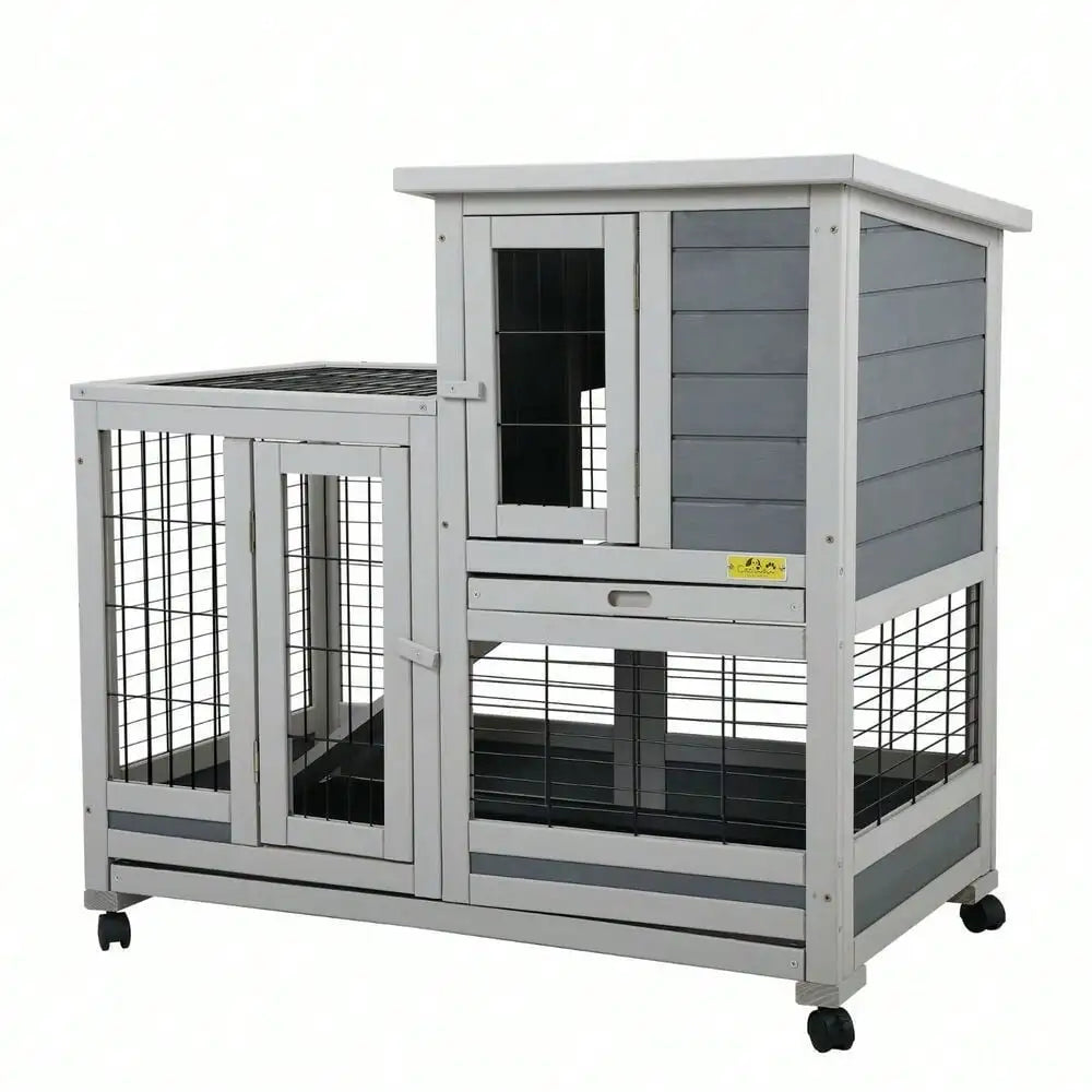 Outdoor Rabbit Hutch Small Animal House Rolling Bunny Cage with Removable Tray Pinewood and Galvanized Wire Mesh