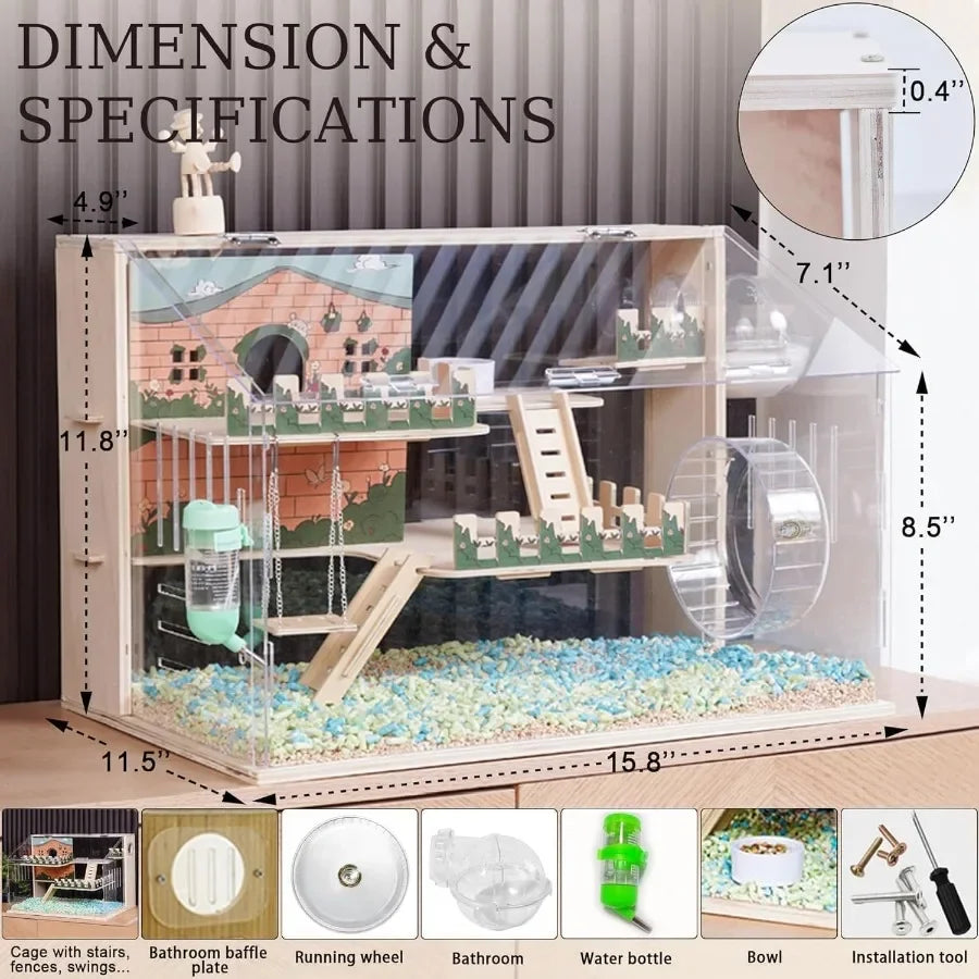11 In 1 Wooden Hamster Cage With All Accessories 15.8 Inch Three Layer Dwarf Hamster Cage Pastoral Style