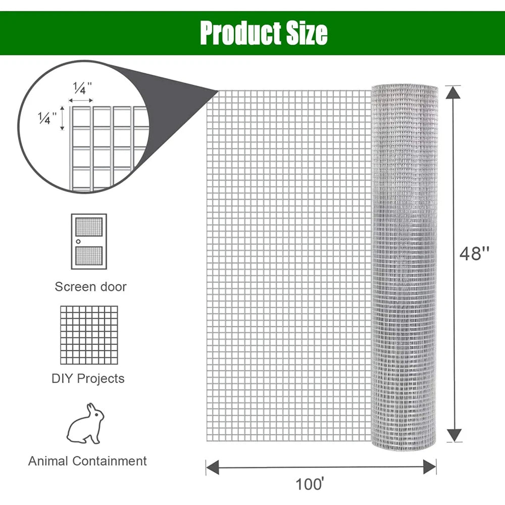 Hardware Cloth 1/4 Inch 48 Inch x 100 Feet 23 Gauge Hot Dip Galvanized Chicken Wire Fence Roll for Garden Plant Protection