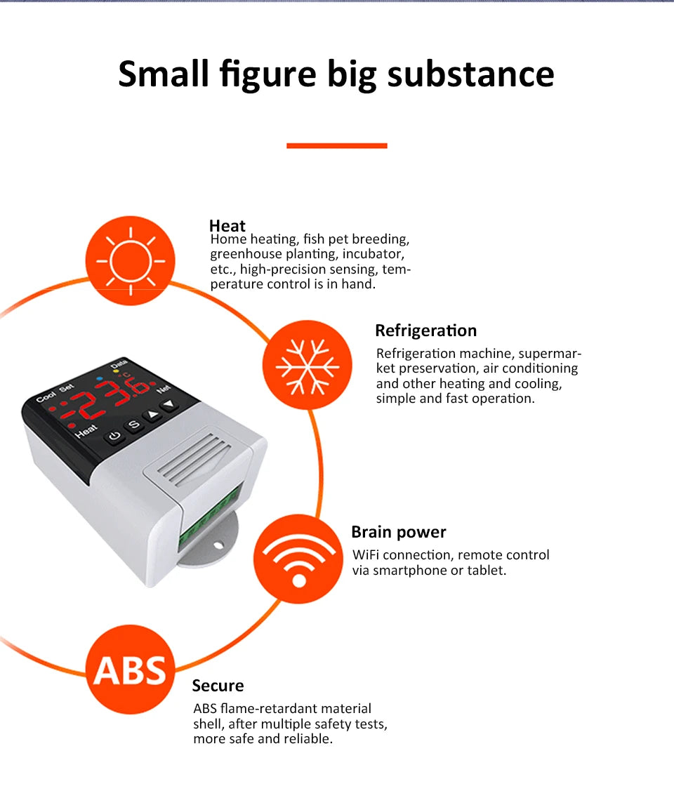 Smart Thermostat AC110~230V WiFi Digit Temperature Controller -40-99℃ Heating Cooling Thermostat forReptile/Incubator/Greenhouse