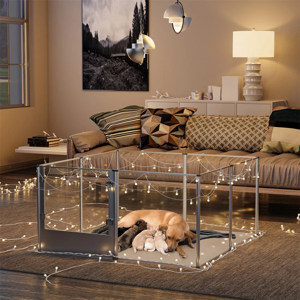 Extra Large Dog Playpen Acrylic Enclosure Pet Animal Fence Cage Whelping Box with Waterproof Fertility Pad