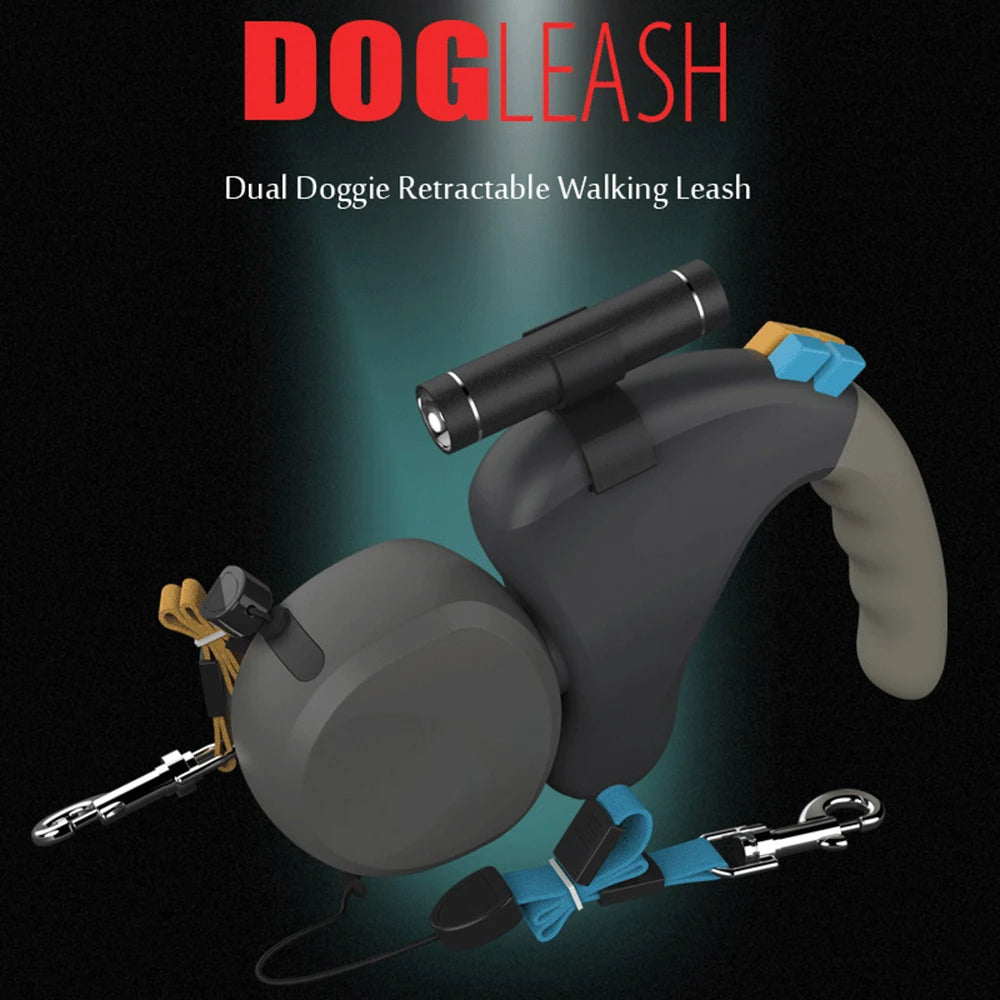 Double Dog Leash Retractable Rope With Light For Two Dogs