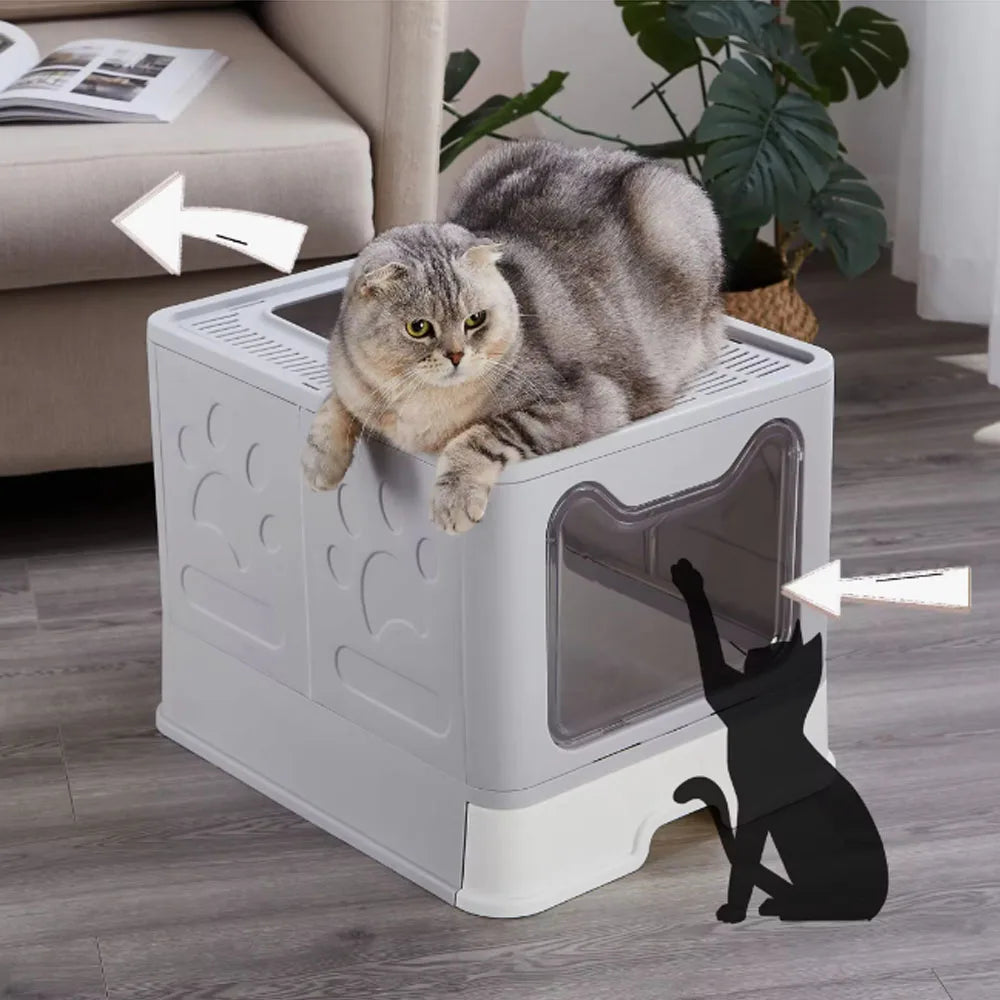 Convenient Foldable Litter Box Drawer Design with Scooper for Easy Cat Waste Management