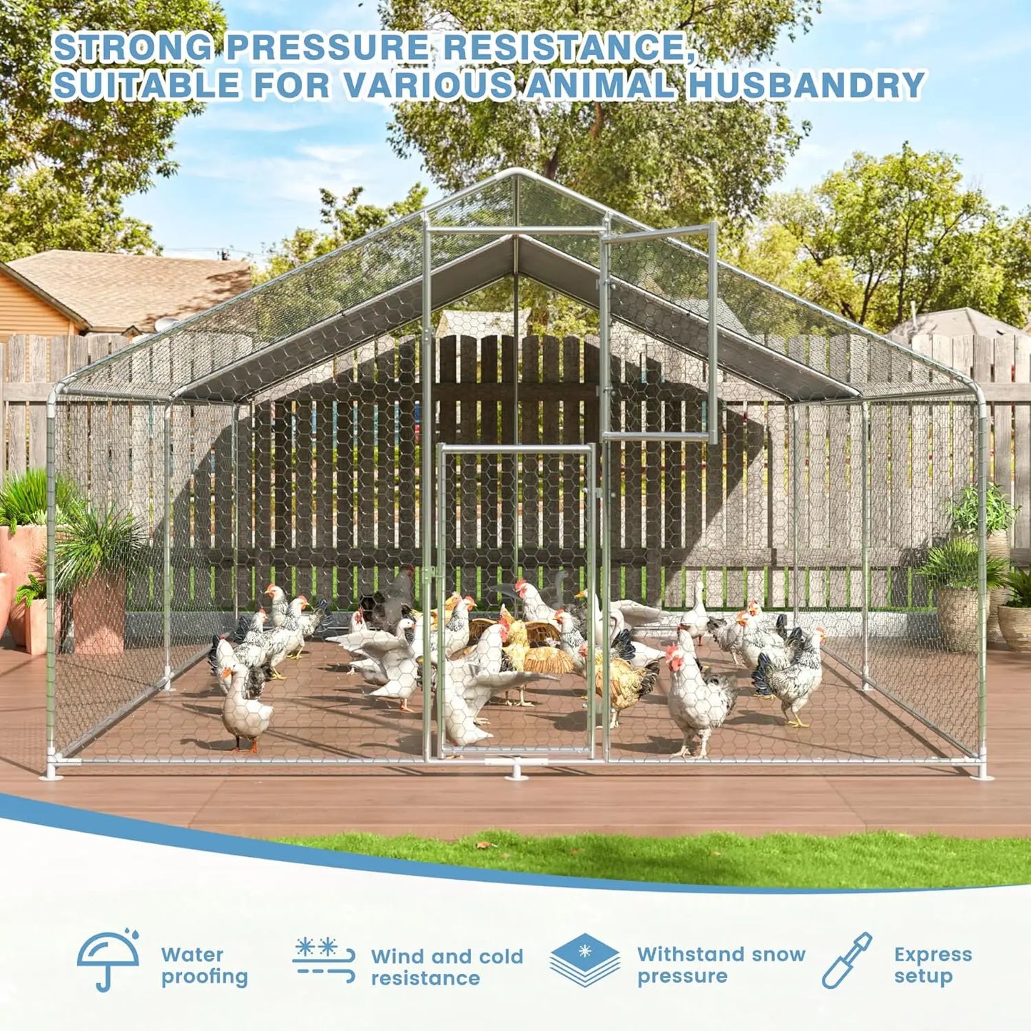 Metal Chicken Coop Large Outdoor Pen Walk-in Run for 6-20 with Double Door House