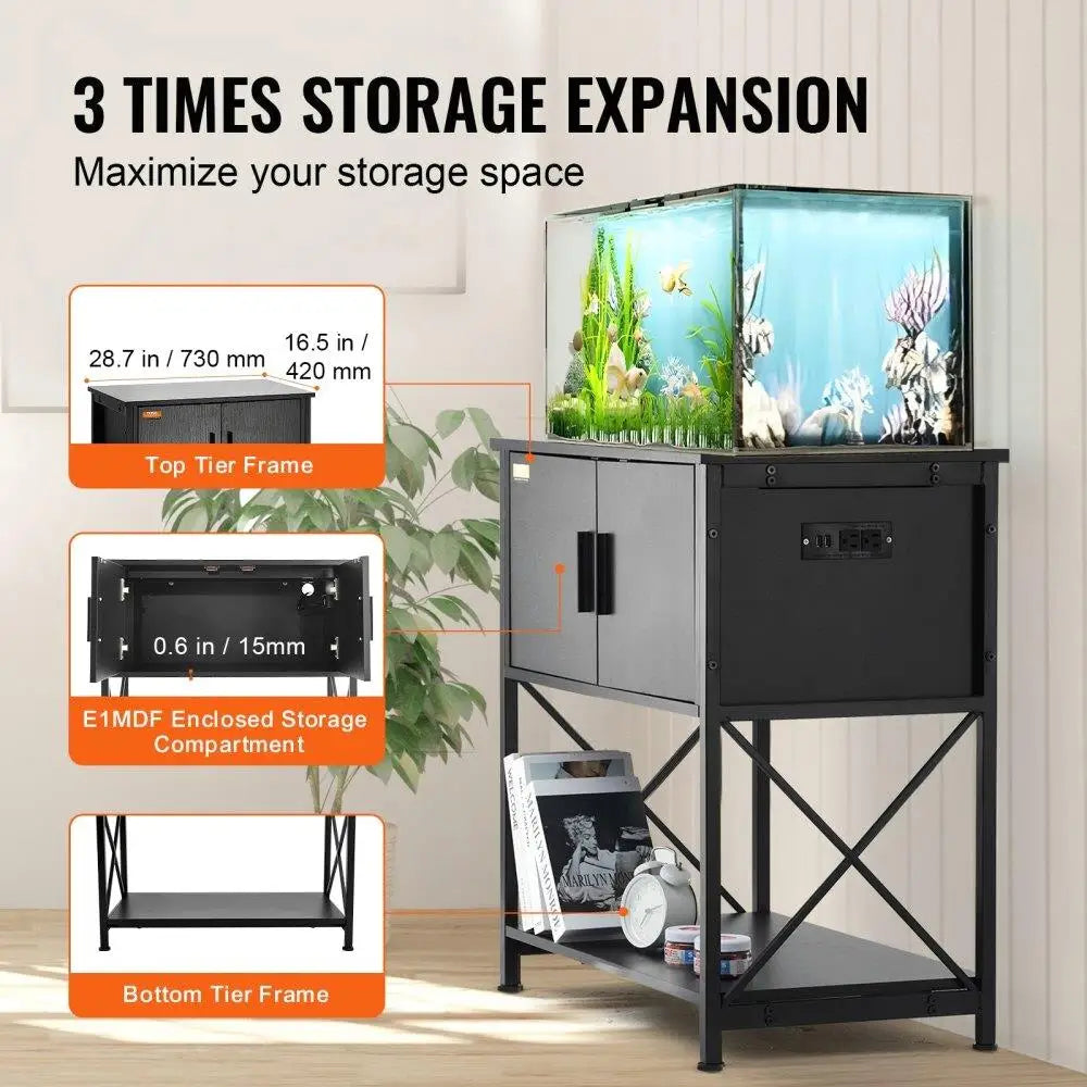 Aquarium Reptile Stand for 29 Gallon Fish Tank with Steel Load Capacity 242.5 Pounds Storage Cabinet and Embedded Power Panel in Black