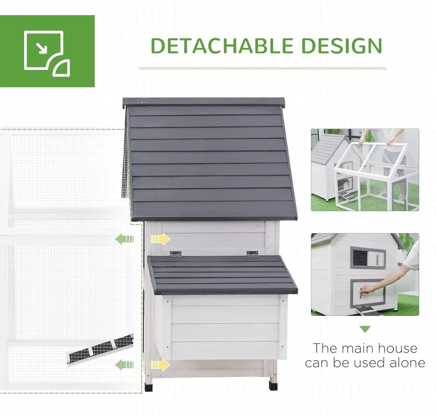 65" Chicken Coop Wooden with Detachable Run Outdoor Poultry Cage Hen Nesting Box Removable Tray