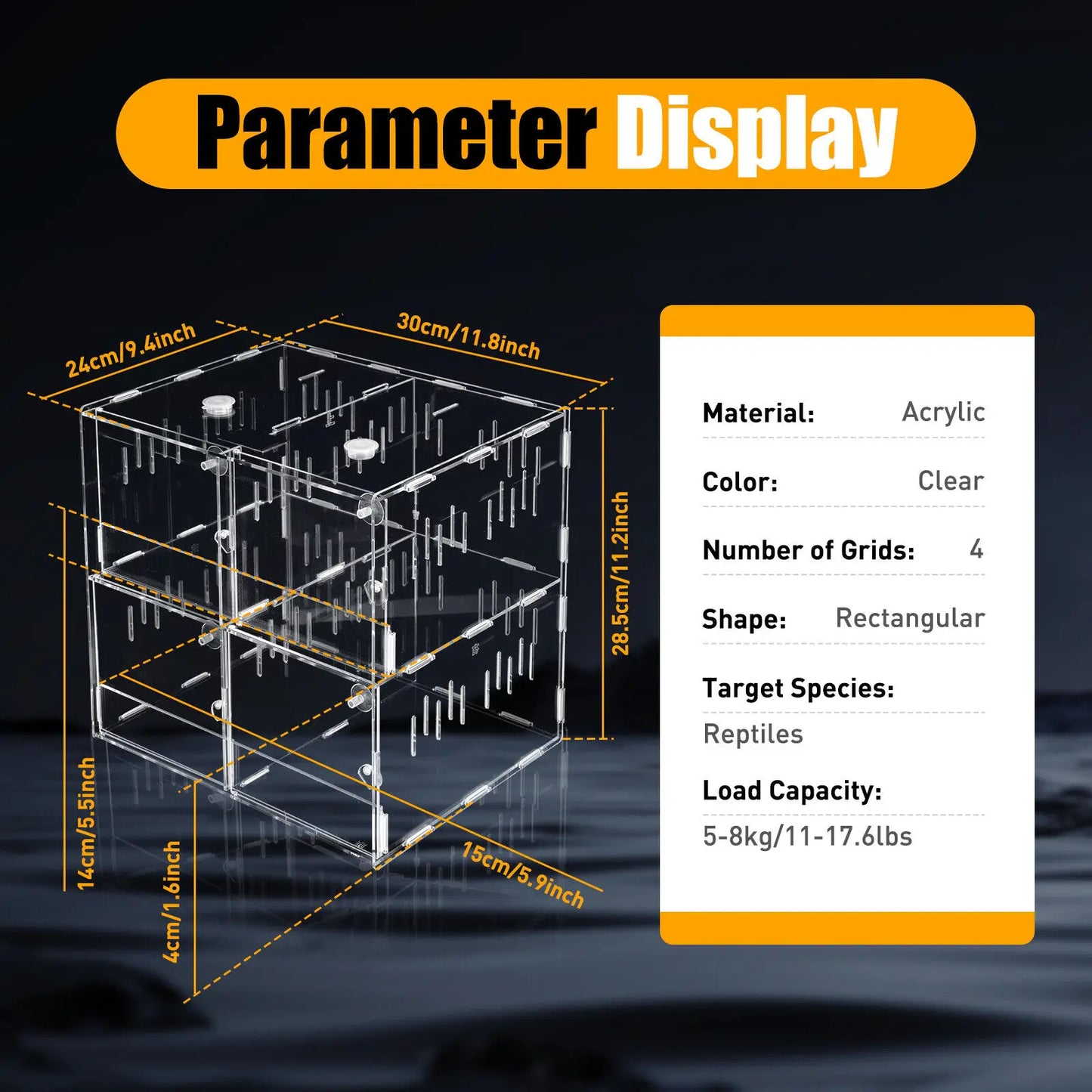 4 Grids Acrylic Pet Reptile Cage Breeding Box Terrarium Clear