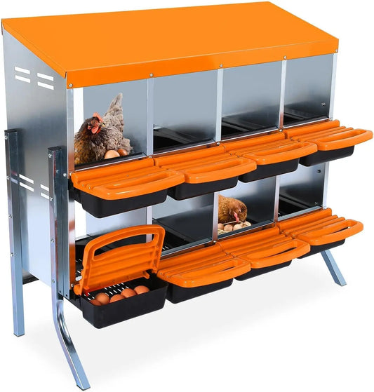 Chicken Nesting Boxes 8 Compartment Metal Egg Laying Box with Swing Perch and Rollout Egg Collection