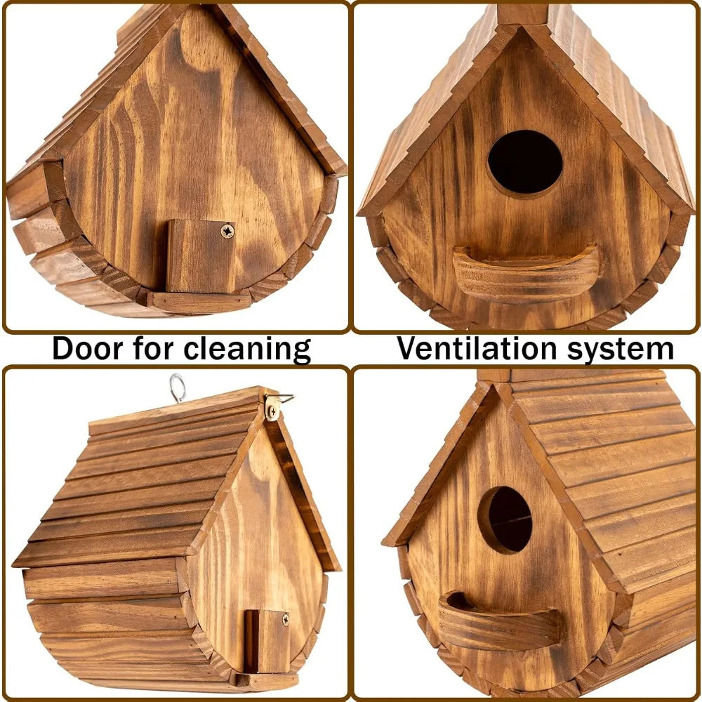 Set of 2 Outdoor Bird Houses Rustic Pine Wood Hanging Garden Decor