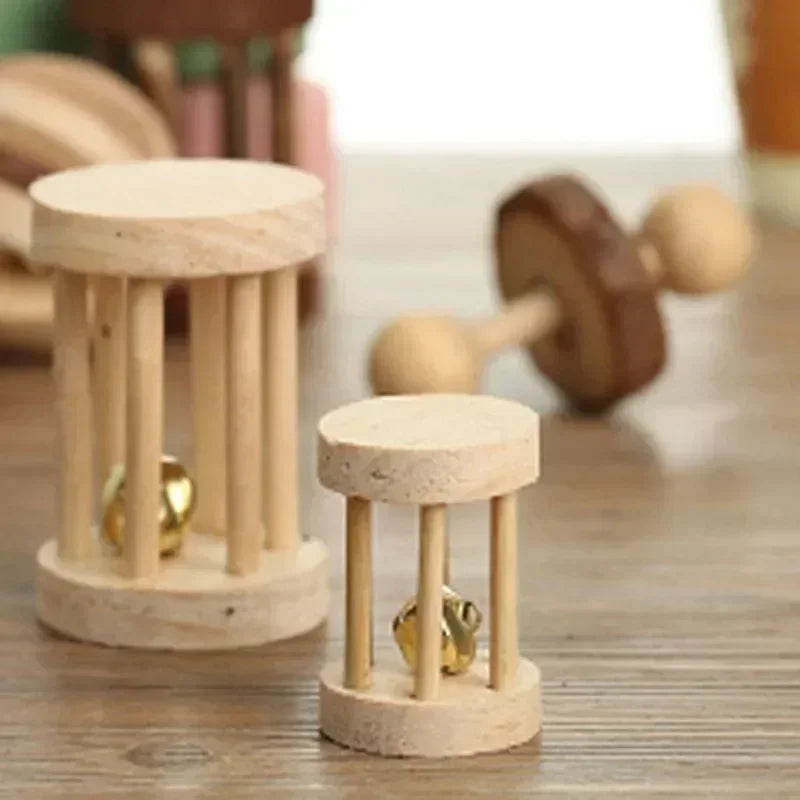 Cute Rabbit Roller Toys Natural Wooden Pine Dumbbells Unicycle Bell Chew Toys for Guinea Pigs and Small Pets
